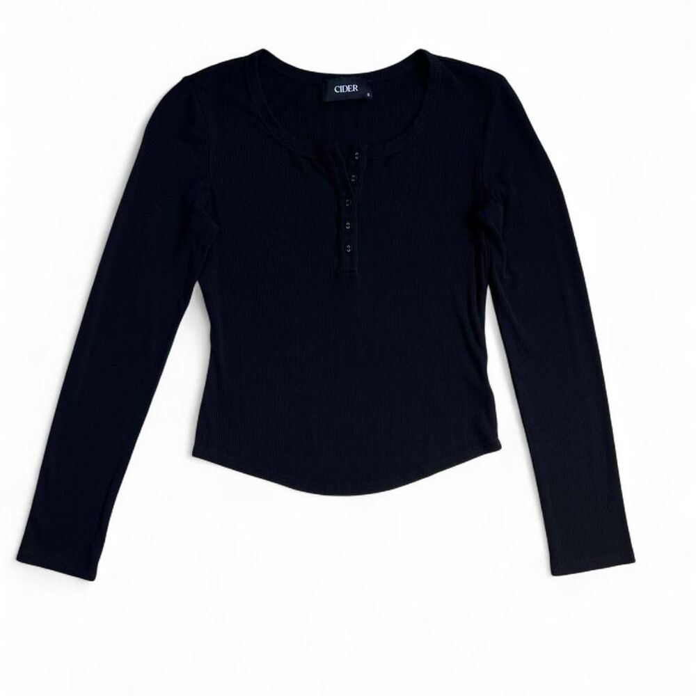 Black Ribbed Long Sleeve Henley Top Women's Small